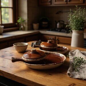 Vintage Hull Set of 2 Ceramic Soup Bowls with Lids and Matching Underplates